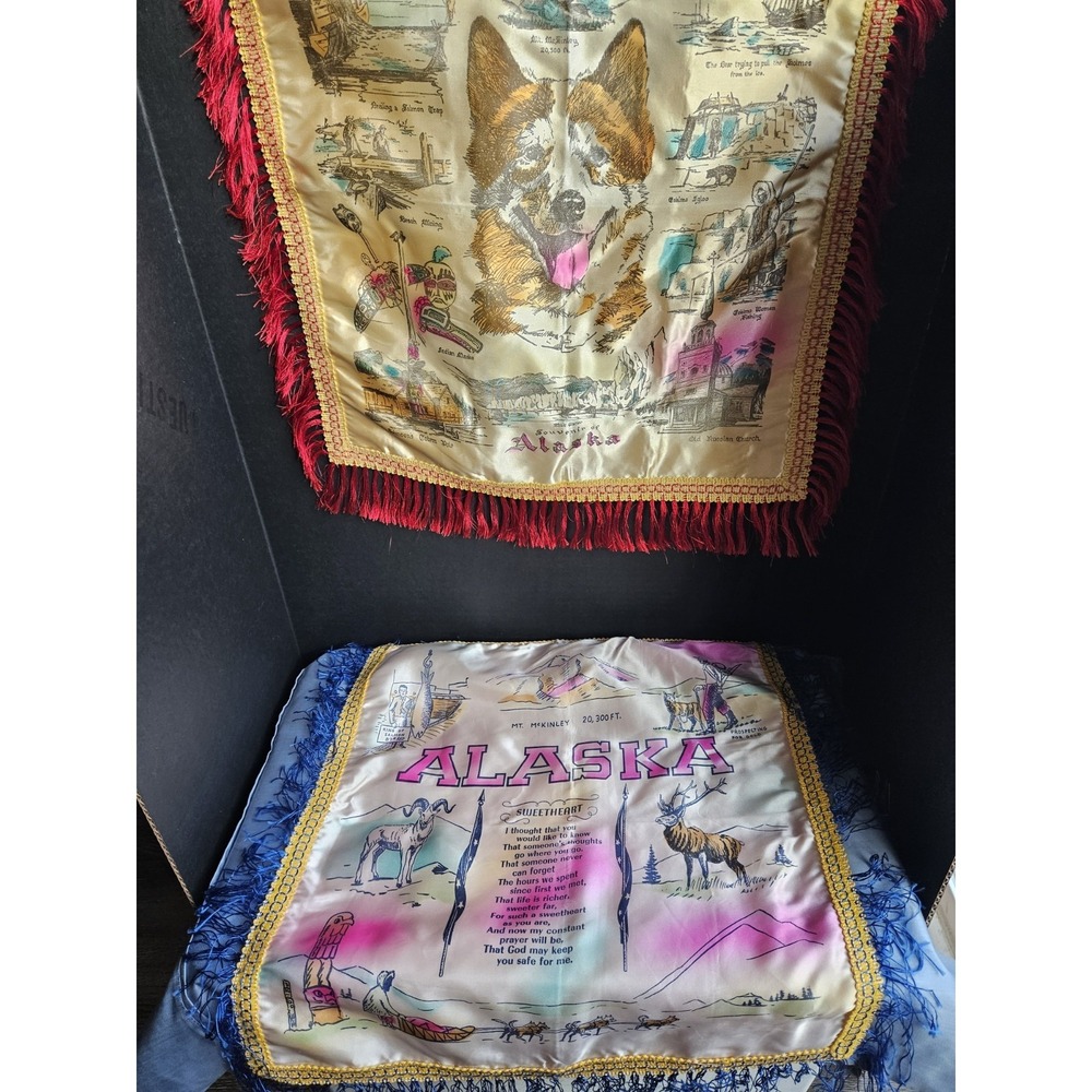 Two Vintage Alaska Souvenir Fringed Satin Pillow Slip Covers